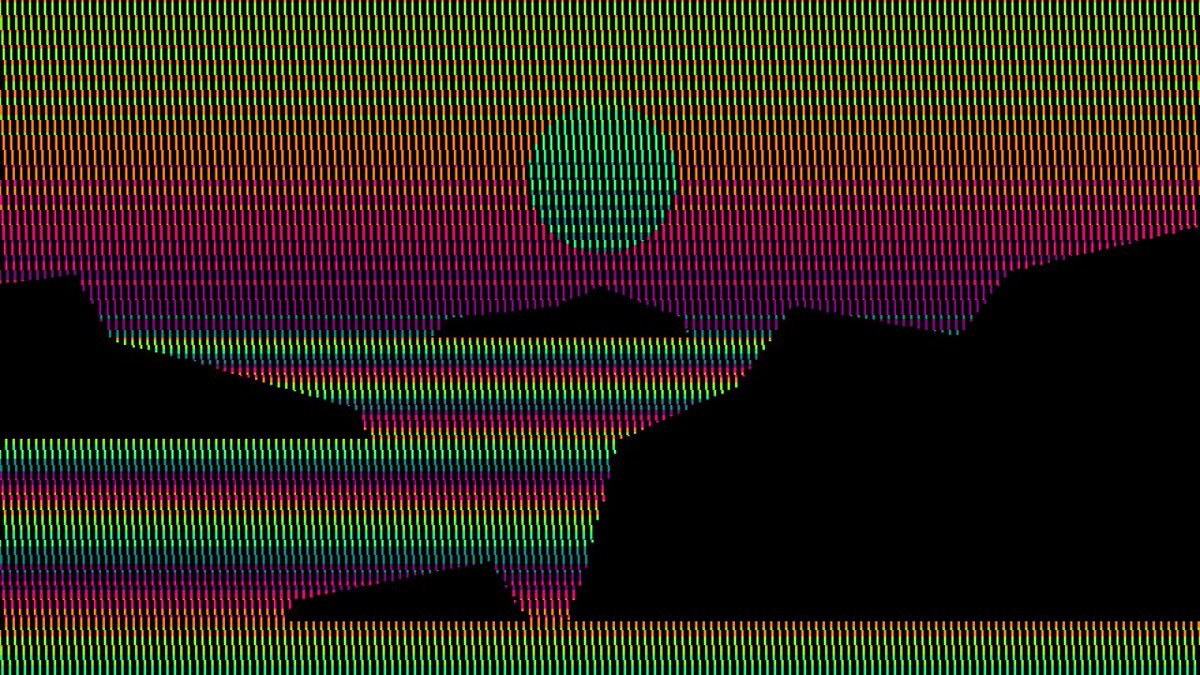A vibrant digital landscape composed of vertical striped lines in rainbow gradients, featuring a green moon and silhouetted mountain forms, reflecting Nicolas Sassoon's pixelated, generative art style associated with his ISLAND series.