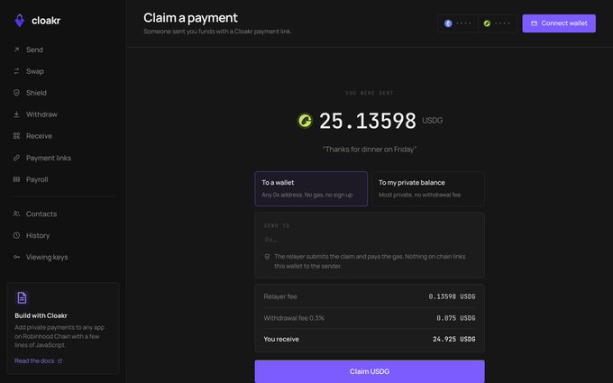 A 'Cloakr' web interface for claiming a crypto payment shows a received amount of 25.13598 USDC with the memo 'Thanks for dinner on Friday,' breaking down the 0.13598 USDC relayer fee and 0.075 USDC withdrawal fee to yield 24.925 USDC.