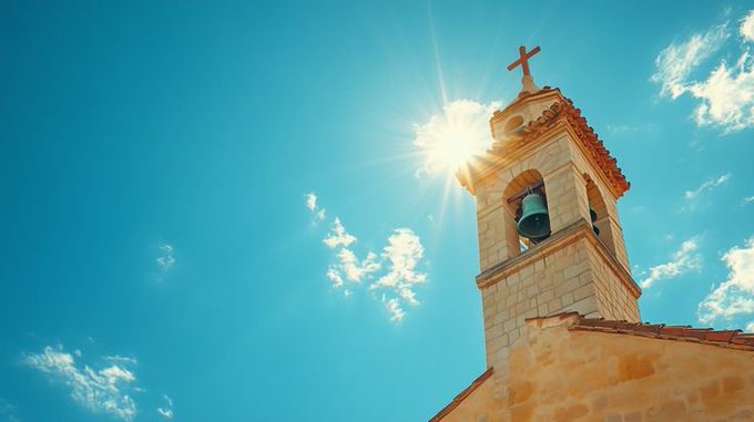 A low-angle photograph of a stone church bell tower with a cross on top, silhouetted against a bright blue sky with the sun creating a dramatic starburst effect and scattered white clouds.