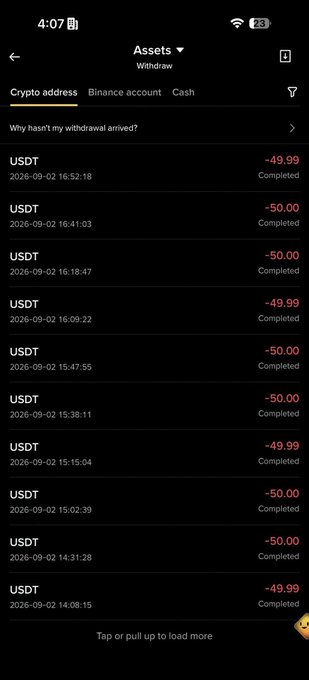 A screenshot of a Binance withdrawal history showing multiple completed USDT transactions of $50 each on September 2, 2026, serving as proof of the crypto giveaways mentioned in the post.