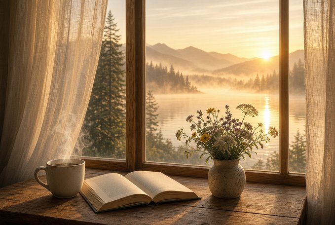 A serene window scene at sunrise shows a steaming mug of coffee, an open book, and a vase of wildflowers on a wooden sill overlooking a misty lake and mountains.