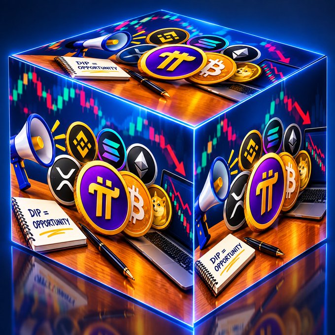A vibrant digital illustration of a cube decorated with cryptocurrency logos (Bitcoin, Pi, XRP, Dogecoin, etc.), megaphones, notebooks labeled 'DIP = OPPORTUNITY', and red downward trend charts representing crypto trading.