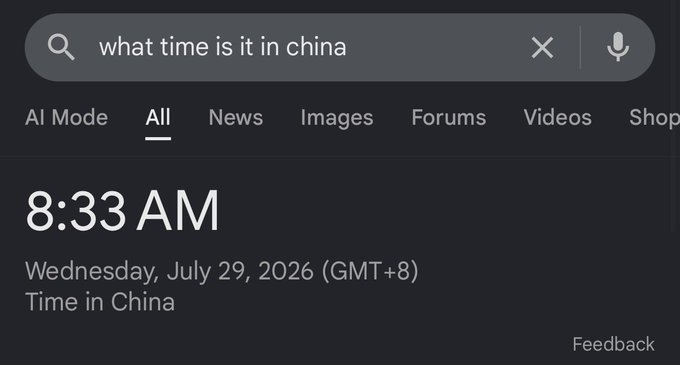A Google search result showing '8:33 AM, Wednesday, July 29, 2026 (GMT+8), Time in China' for the query 'what time is it in china'.