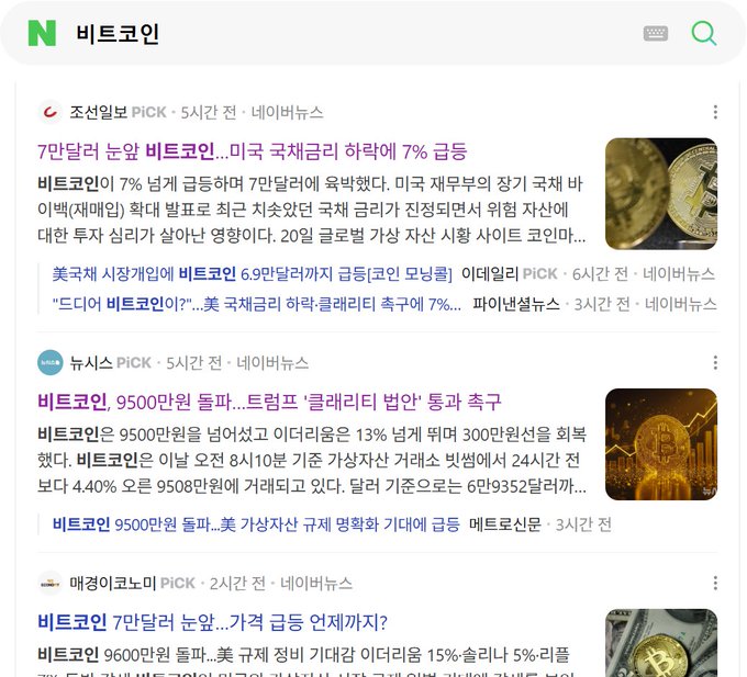 A Korean Naver search results page for "비트코인" (Bitcoin) displays recent news headlines about Bitcoin's 7% drop amid a 7-day decline, a $9.5 trillion market cap loss, and the cryptocurrency's volatility coinciding with US government shutdown concerns. The skeptical caption questioning the listed reasons aligns with the headlines, which attribute Bitcoin's downturn to seemingly weak justifications like Fed rate expectations and government shutdowns.