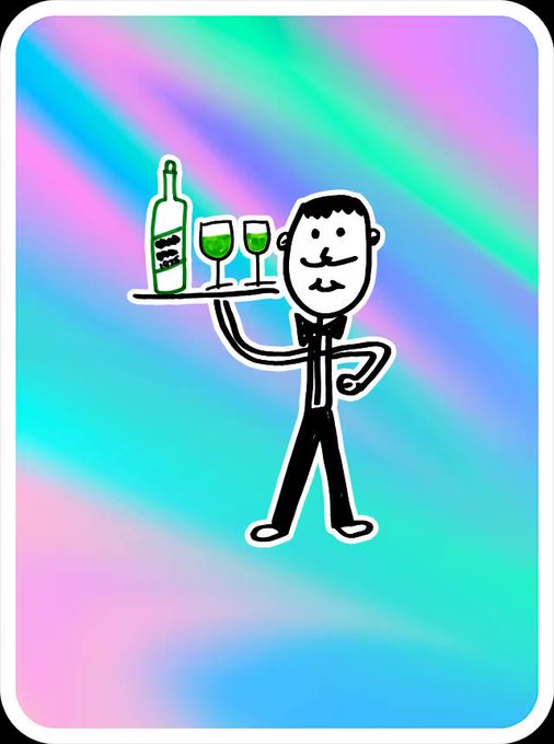 A stick-figure waiter holding a tray with a wine bottle and two green-filled glasses stands against a vibrant pastel background, fittingly representing the "Sensible Sommelier Traits" NFT from the Veefriends collection. The simple cartoon style and focus on wine service captures the sommelier character's essence, blending minimalism with playful color.