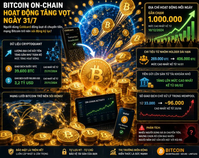 An infographic detailing 'BITCOIN ON-CHAIN' activity surges on July 31st, with Vietnamese text highlighting 39,600 BTC daily spending, a 1,000,000 active wallet increase, and other CryptoQuant data points.