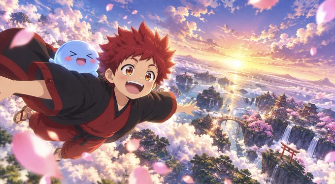 A red-haired anime boy in a black and red outfit joyfully soars through a sky filled with cherry blossoms and clouds, accompanied by a small blue ghost-like creature on his shoulder, overlooking a breathtaking fantasy landscape with traditional pagodas, bridges, and waterfalls bathed in sunset light. The vibrant scene captures a sense of freedom and adventure, perfectly evoking the spirit of "Oshi no Ko" shared by @oshilabs.