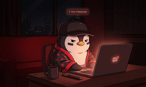 An animated penguin wearing a black cap and red-accented jacket sits at a desk using a laptop displaying 'DM' with a notification showing '1 new message' above.