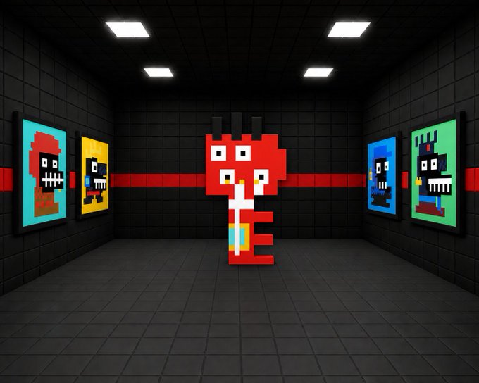 A 3D-rendered voxel art scene featuring a red cat-like character with multiple eyes, standing in a dark tiled room flanked by pixel art portraits of similar creatures.