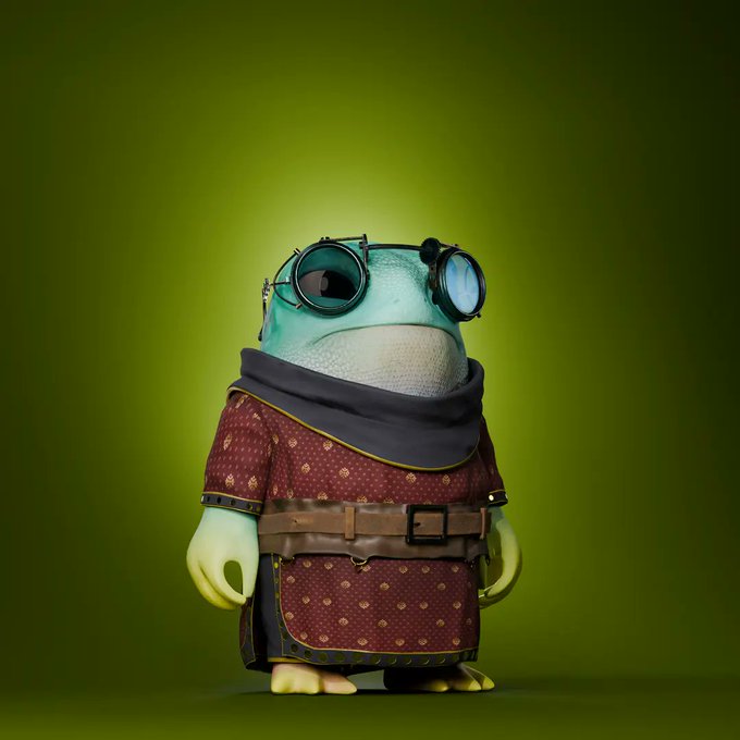 A 3D-rendered character of a chubby teal frog or toad wearing steampunk goggles, a patterned red tunic, and a brown belt against an olive green background.