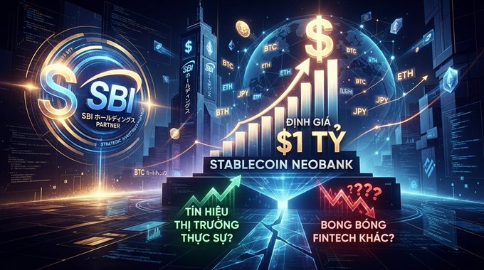 A graphic announcing SBI Holdings' $1 trillion valuation as a 'Stablecoin Neobank' partner, with Vietnamese text questioning if it's a real market signal or a fintech bubble burst.