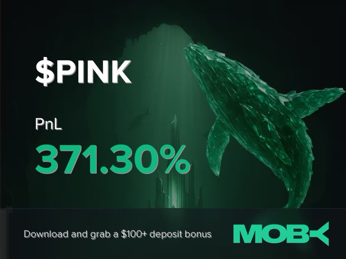 A promotional graphic from Moby Mobile displays a striking green whale illustration against a dark underwater scene, highlighting a $PINK trade with a PnL of +371.30%, alongside a call-to-action offering a $100+ deposit bonus.