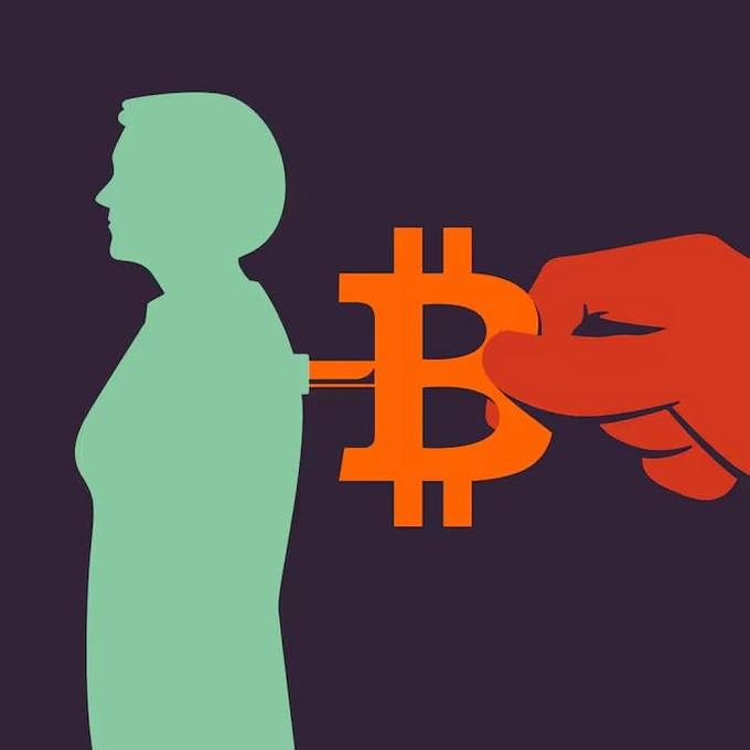 An illustration depicting a green silhouette of a person being 'poked' by a red hand holding an orange Bitcoin symbol as a needle.