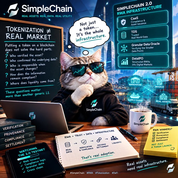 A promotional graphic for SimpleChain featuring a cat in sunglasses, explaining 'TOKENIZATION ≠ REAL MARKET' and listing components of SimpleChain 2.0 RWA Infrastructure including CaaS, TDS, and DataIPO.