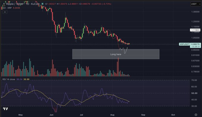 A daily chart of XRP/USDT on TradingView shows the price dropping from ~$1.30 to ~$0.99 (-0.73%), with an annotation marking a "Long here" zone near the $0.88–$0.95 support area and the RSI (14) at 36.06, supporting the post's warning about incoming XRP volatility.