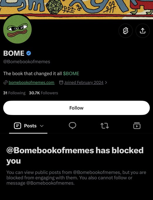 A Twitter/X profile page for @Bomebookofmemes (BOME), displaying the meme token's bio 'The book that changed it all $BOME' and indicating that the user has blocked the viewer.