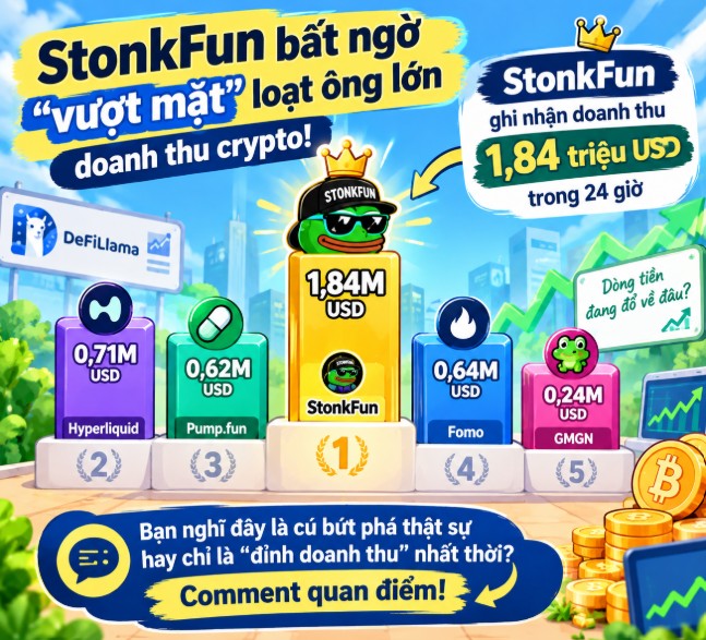 A Vietnamese-language infographic titled 'StonkFun bất ngờ 'vượt mặt' loạt ông lớn doanh thu crypto!' showing StonkFun leading with $1.84M USD in 24-hour revenue, surpassing Hyperliquid, Pump.fun, Fomo, and GMGN.