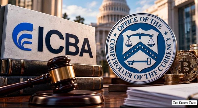 A graphic showing the ICBA logo and the Office of the Comptroller of the Currency seal next to a gavel and Bitcoin, with "THE CRYPTO TIMES" watermark.