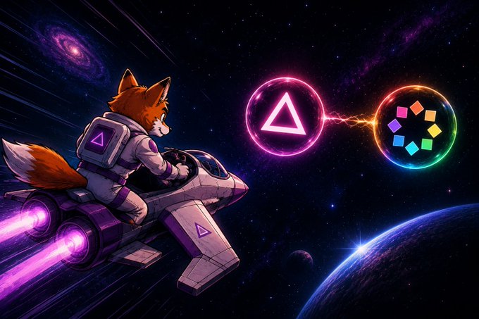 A digital artwork of an anthropomorphic fox in a spacesuit riding a futuristic hover-bike through space toward two glowing orbs with cryptocurrency logos.