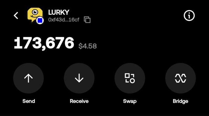 A screenshot of a crypto wallet displaying LURKY (0xf43d...16cf) token holdings of 173,676 tokens valued at $4.58, illustrating the dramatic decline from its launch value of over $900 to under $5 as referenced in the accompanying post about the sell-off.
