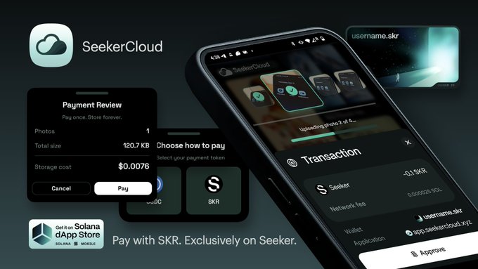 The image features a cell phone displaying an app called "SeekerCloud" with a payment screen, which allows users to pay for their uploads directly from their smartphones using native SKR. The app has been well-received by its users, as indicated by the positive feedback and high rating on the app store page. This indicates that the app is user-friendly and valuable to SeekerCloud users who want to spend their SKR on it.