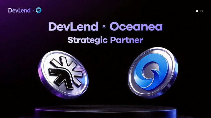 A promotional slide announcing 'DevLend × Oceanea Strategic Partnership' featuring two metallic coin logos displayed on a dark purple background.