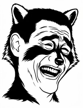 A black and white line-art illustration depicting a hybrid face that combines human expressions with animal/ape features.