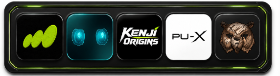 A black banner displaying logos for several NFT or gaming projects, including 'Kenji Origins' and 'PU-X', along with other stylized icons.