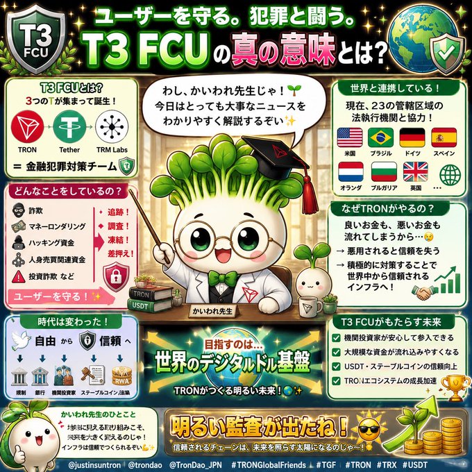 A colorful Japanese infographic explaining 'T3 FCU' featuring a cartoon plant-like teacher character, flags of collaborating countries, and various text boxes detailing TRON, Tether, and TRM Labs.