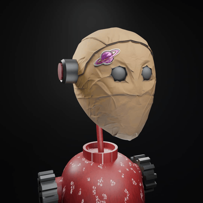 A 3D render of a quirky robot with a crumpled paper bag head featuring a small planet logo, a red body with white speckles, and exposed gears, set against a black background.
