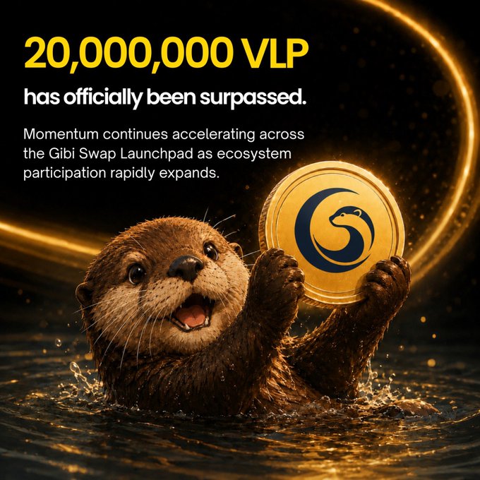 The image features a cute brown otter holding a gold coin above its head while swimming in water, with text that reads "20,000,000+ VLP reached with over 240,000 USDT committed. The Gibi Swap ecosystem continues to attract strong participation as momentum across the Launchpad reaches new levels."