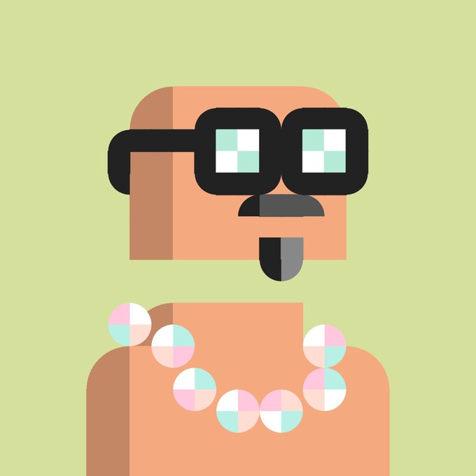 A minimalist digital illustration of a blocky character with thick-rimmed pixelated glasses and a tongue sticking out, adorned with a necklace made of pastel-colored circles against a light green background.