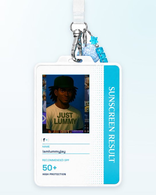 A promotional ID badge/lanyard titled 'SUNSCREEN RESULT' featuring a photo of a person wearing a 'JUST LUMMY' shirt and a green hat, with a recommended SPF of 50+ high protection.