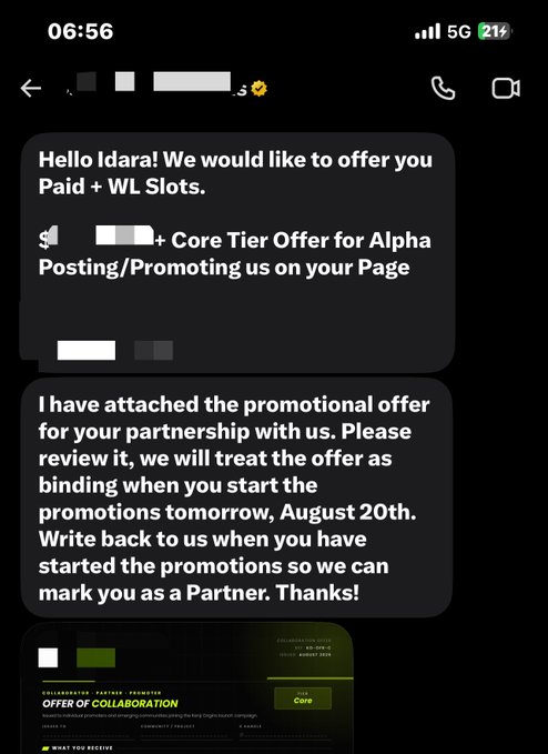 A screenshot of a messaging app conversation shows a 'Core Tier Offer' for 'Alpha Posting/Promoting' with details about a 'COLLABORATOR' promotional offer starting August 20th.