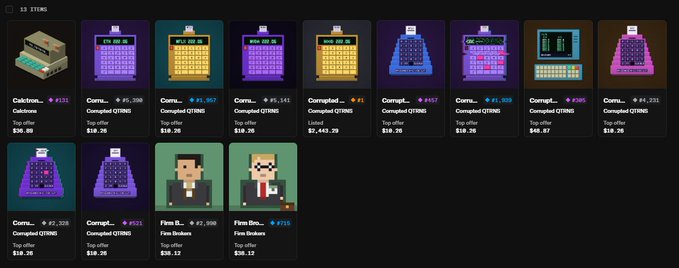 A digital marketplace listing displaying 11 items for sale, primarily corrupted 'QTINSI' pixel-art slot machines with various prices, along with pixel-art businessman avatars.
