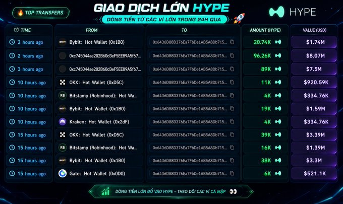 Cryptocurrency tracking dashboard titled 'GIAO DỊCH LỚN HYPE' displaying top HYPE token transfers in the last 24 hours, with values in USD ranging from $334.76K to $8.07M.