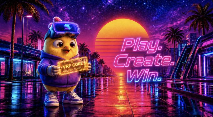 The image features a cartoon character, likely a yellow duck or chicken, standing in front of a cityscape with buildings at night. The character appears to be holding a sign that says "Play. Create. Win!". This suggests that there might be an event or promotion related to Web3 and crypto, possibly involving games or prizes for those who participate.