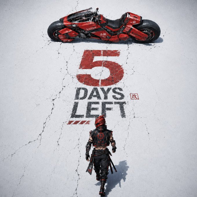 The image features a person walking towards a red motorcycle that has "5 days left" written on it, indicating that the event or competition will end soon. The motorcycle appears to be stationary, with no one else around at the moment. The scene suggests that the person is either preparing for an upcoming race or event involving the motorcycle, and they are about to leave before the 5-day limit expires.