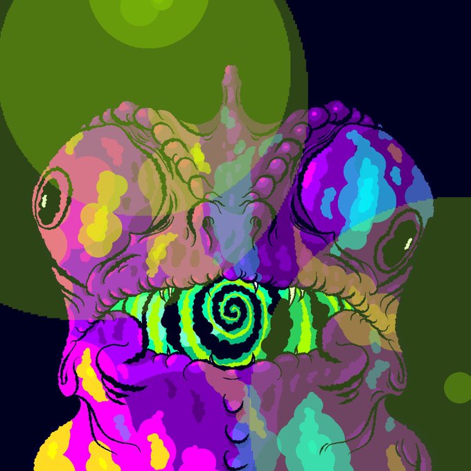 A vibrant, psychedelic digital illustration of a grotesque, colorful creature with bulging eyes, a spiral on its chest, and organic, plant-like features in shades of purple, green, and blue.
