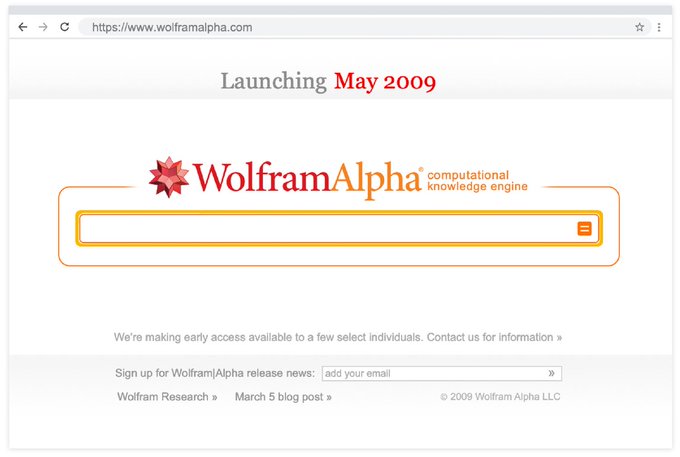 The WolframAlpha homepage announcing 'Launching May 2009' with the tagline 'computational knowledge engine' and the URL www.wolframalpha.com.