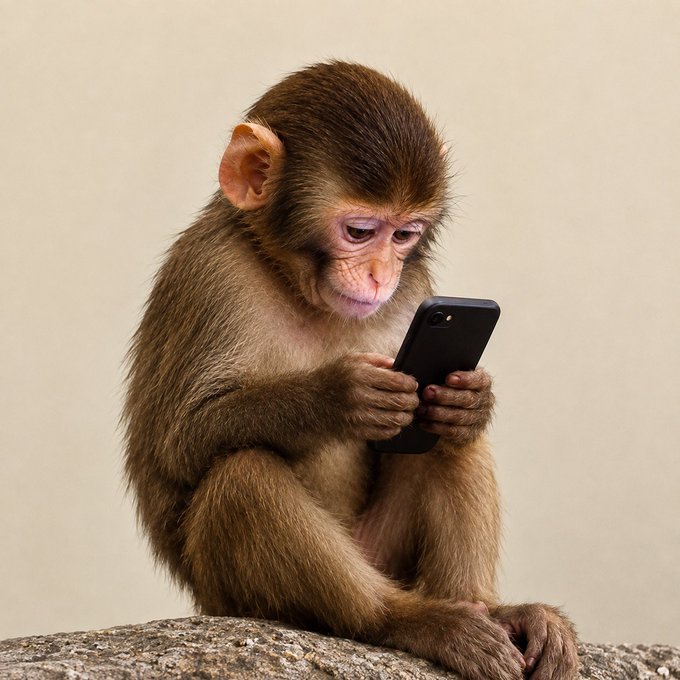 A baby monkey intently stares at a smartphone, perfectly capturing the universal reliance on phones and tying into the $FONE meme's theme of how "we're all united" by our devices—from degens to normies alike.