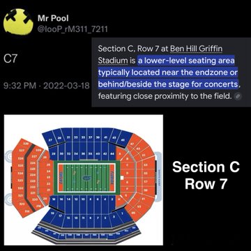 A tweet from user "Mr Pool" (@loop_rM31t_7211) posted on March 18, 2022, shows Section C, Row 7 at Ben Hill Griffin Stadium—a lower-level seating area near the endzone or stage for concerts with close proximity to the field—paired with the caption "THE STAGE IS SET🍿 $XRP I have a feeling this is going to be a BIG week! And it starts 9/05!! 👀," using the stadium's front-row stage view as a metaphor for XRP's anticipated breakout.