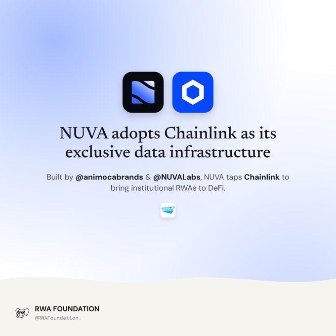 A graphic announces 'NUVA adopts Chainlink as its exclusive data infrastructure', built by @animocabrands and @NUVALabs, with a 'RWA FOUNDATION' credit.