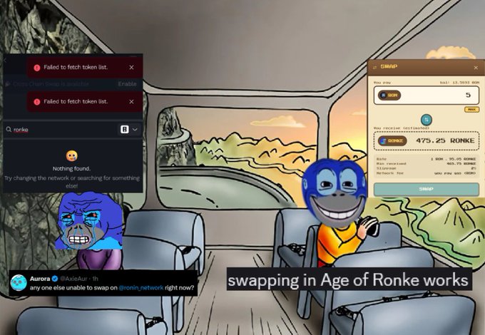 The image is a meme comparing two scenarios: on the left, a frustrated Wojak character shows error messages "Failed to fetch token list" with "ronke" returning "Nothing found," captioned with someone asking why they can't swap on @ronin_network right now; on the right, a smiling blue trollface character sits in a car with a swap interface showing "SWAP 5 RONKE to 475.25 RONKE" on Ronin Network, labeled "swapping in Age of Ronke works." It humorously contrasts the difficulty of swapping on Ronin Network with successful swapping in the Age of Ronke ($RONKE).