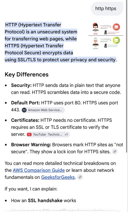 A chat interface explaining the differences between HTTP and HTTPS, covering security, default ports (80 vs 443), certificates, and browser warnings, with references to AWS and GeeksforGeeks.