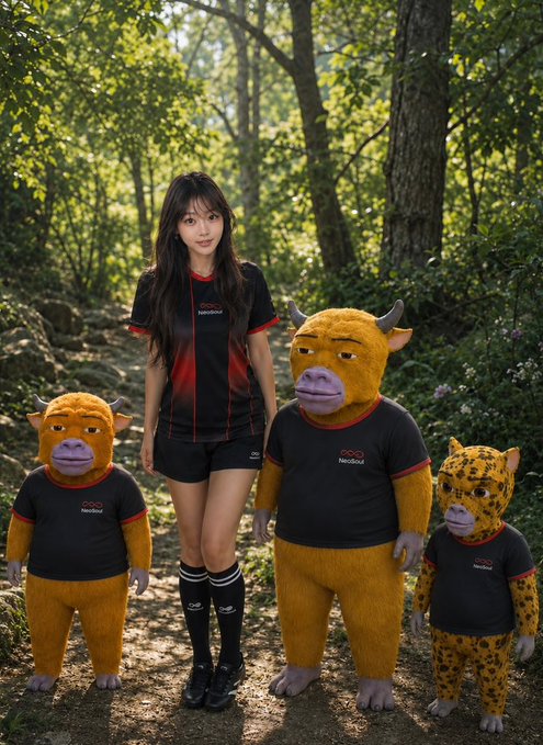 A young woman poses in a sunlit forest alongside three yellow bull mascots in matching athletic wear, with the phrase "GMGM! Let me introduce you guys to the bros" framing the bulls as companions and echoing the post's bullish sentiment about "$BTC" and rising prices.