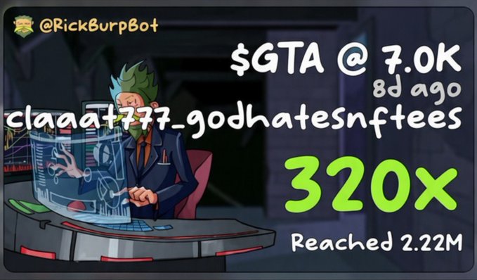 A tweet screenshot showing a Rick and Morty-style animation with "$GTA @ 7.0K 8d ago" and a 320x increase noted, reaching 2.22M; the handle "@RickBurpBot" is shown with a "LIKE AND FOLLOW" prompt.