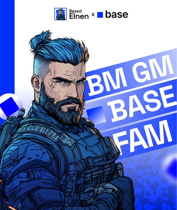 The image features a man with blue hair, dressed as a soldier or a fighter, standing against a white background. He has his arms crossed over his chest and appears to be posing for the photo. The caption of the image reads "Feeling bullish. Gm to everyone on Base". This suggests that the man is promoting a brand or product related to military gear or weapons, possibly as part of an advertisement campaign.

The post also mentions that it's based on a comic book character and is from the game Base. The use of a comic book reference adds a unique and engaging aspect to the image, making it more appealing to fans of the game or those who enjoy related content.