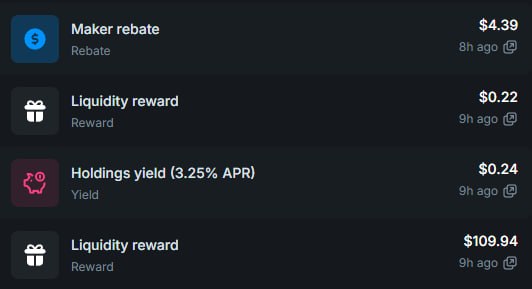 The image shows a screenshot of a payments app displaying four different options for users to choose from - Maker rebates, liquidity reward, holdings yield (3.25%), and rewards earned 9 hours ago. The user has already received $99.94 in rewards on September 4th.