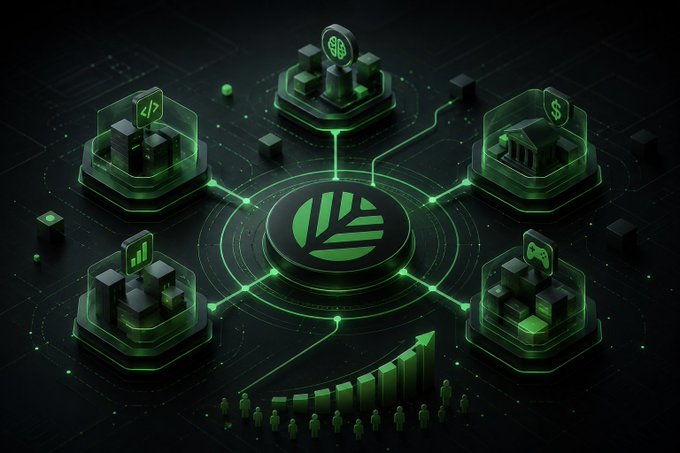 A stylized 3D graphic showing a central green tree-like logo connected to surrounding hexagonal platforms featuring icons for code, databases, finance, analytics, and gaming, with a rising arrow graph below indicating growth.